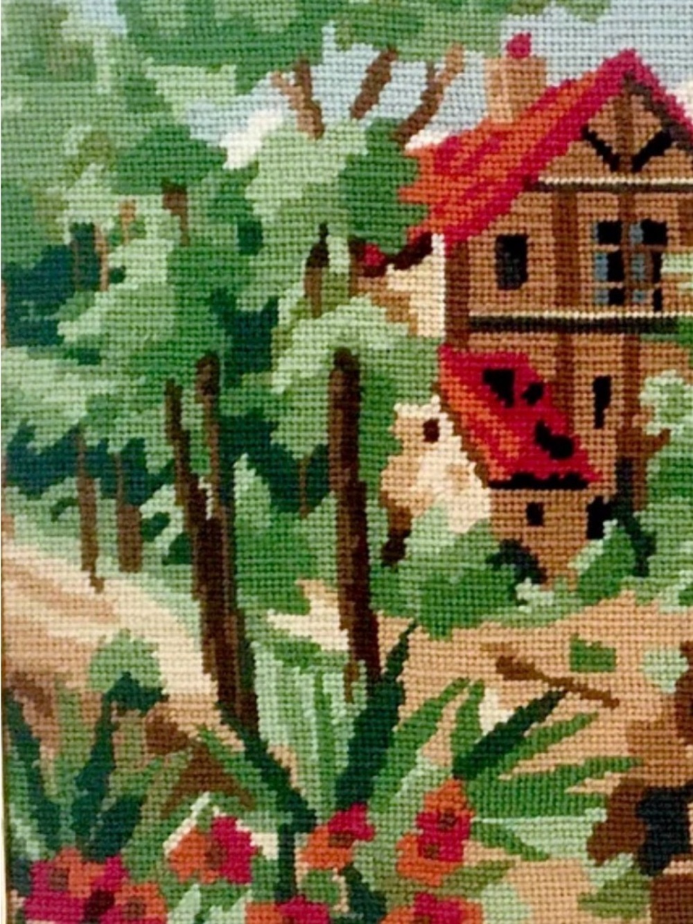 Vintage Needlepoint French Cottage House Landscape Margot de Paris LARGE Art